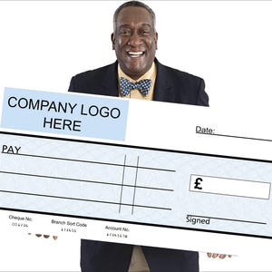 Cheque personalizado en blanco grande o pequeño con logotipo o nombre de la empresa, presentación benéfica, recaudación de fondos, prensa, dólares y libras reutilizables