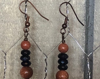 Blue and Gold Goldstone Copper Earrings