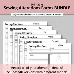 Paquete de formularios imprimibles para arreglos de costura, incluye seis versiones (descarga digital en PDF, solo carta)