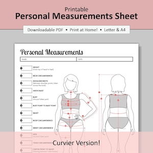 Puede incluir: Hoja de medidas personales imprimible con un dibujo de línea de un cuerpo de mujer con líneas rojas que indican dónde medir. La hoja incluye 18 medidas comunes, incluyendo la altura, la circunferencia del cuello, el ancho de los hombros, el busto, la cintura, las caderas, y más. El texto "Curvier Version!" está impreso en rojo en la parte inferior de la hoja.