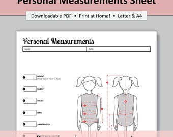 Printable Sewing Sheet, Girl with Pigtails Measurement Chart (Digital PDF Download, Letter & A4)