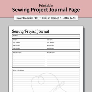 Könnte beinhalten: Druckbare Nähprojekt-Journalseite mit einer Schwarzweißillustration einer Nadel und eines Fadens. Die Journalseite enthält Abschnitte für Projektdetails, verwendete Materialien, Notizen und ein Bewertungssystem.