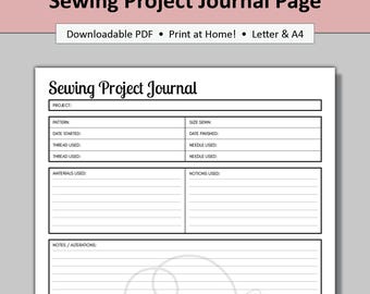 Printable Sewing Sheet: Project Journal Page, Project Tracker (Digital PDF Download, Letter & A4)