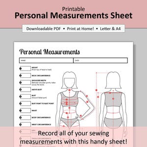 Afdrukbaar blad met persoonlijke naaimaten voor dames | Registratieblad lichaamsafmetingen voor dames | Lichaamsgrootte Vorm | Meettabel voor vrouwen