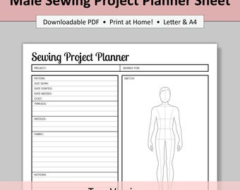 Printable Sewing Sheet: Male Croquis Project Planner (Digital PDF Download, Letter & A4)