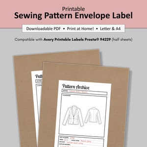 Peut inclure: Étiquette d'enveloppe de patron de couture imprimable pour un blazer Lekala 4162. L'étiquette comprend le nom du patron, la date d'acquisition, la date de couture, les informations de taille, les fournitures nécessaires et des notes. L'étiquette est compatible avec les étiquettes imprimables Avery Presta 94229 (demi-feuilles).