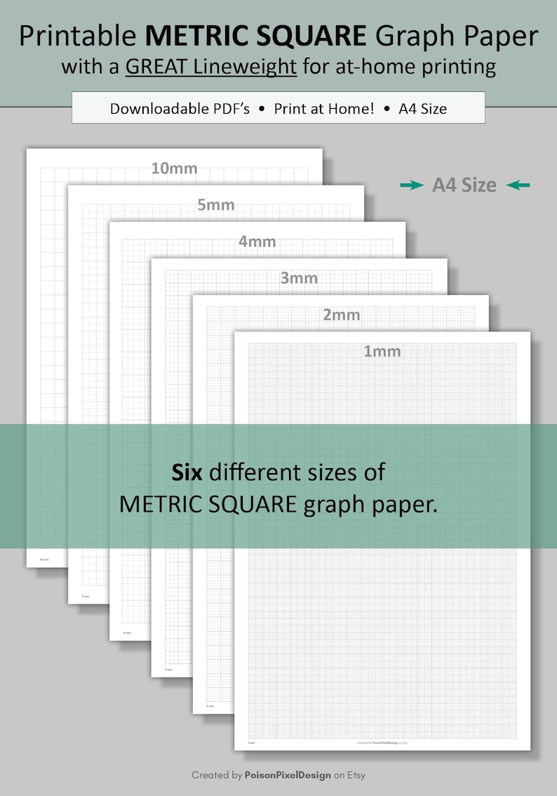 Printable METRIC Square Graph Paper in 6 Sizes: 1, 2, 3, 4, 5, 10mm ...