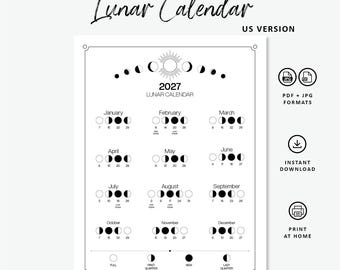 2027 Printable Lunar Calendar | Moon Phase Calendar | Portrait Letter-Size PDF | Instant Digital Download