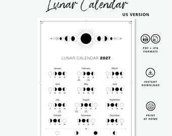 2027 Printable Lunar Calendar | Moon Phase Calendar | Portrait Letter-Size PDF | Instant Digital Download