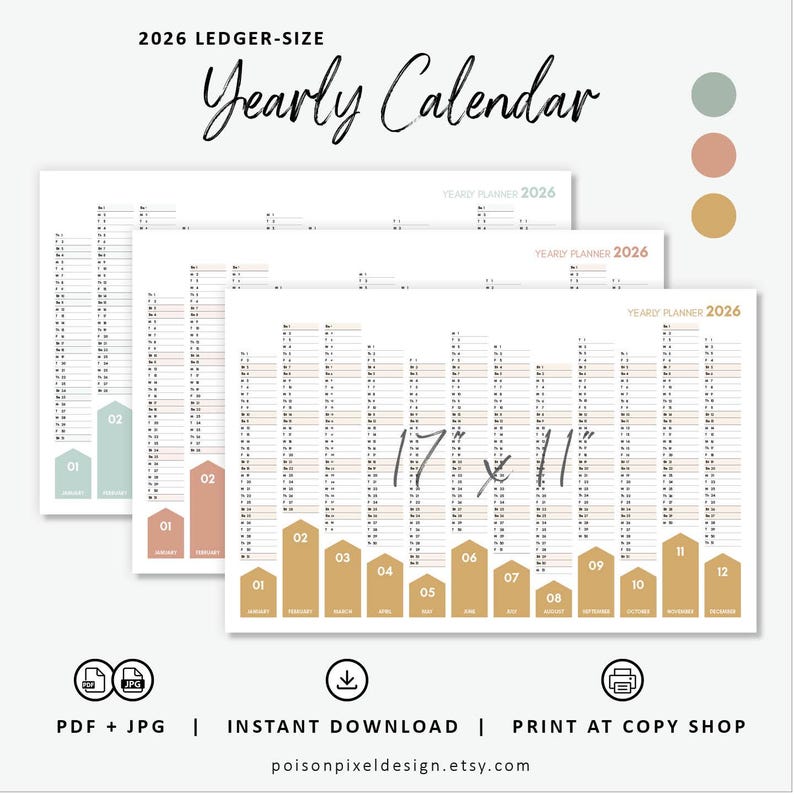 2026 Printable Wall Calendar | Large Ledger 17"x11" Yearly Planner ...