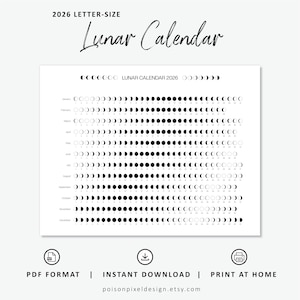 Op de afbeelding: Een zwart-wit 2026 Maankalender print. De kalender toont de fasen van de maan voor elke maand. De tekst "2026 LETTER-SIZE" en "Lunar Calendar" staan bovenaan. De onderkant van de print bevat de tekst "PDF FORMAT | INSTANT DOWNLOAD | PRINT AT HOME".