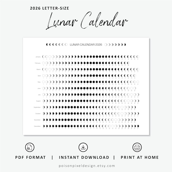 2026 Printable Lunar Calendar | Moon Phase Calendar | Letter-size