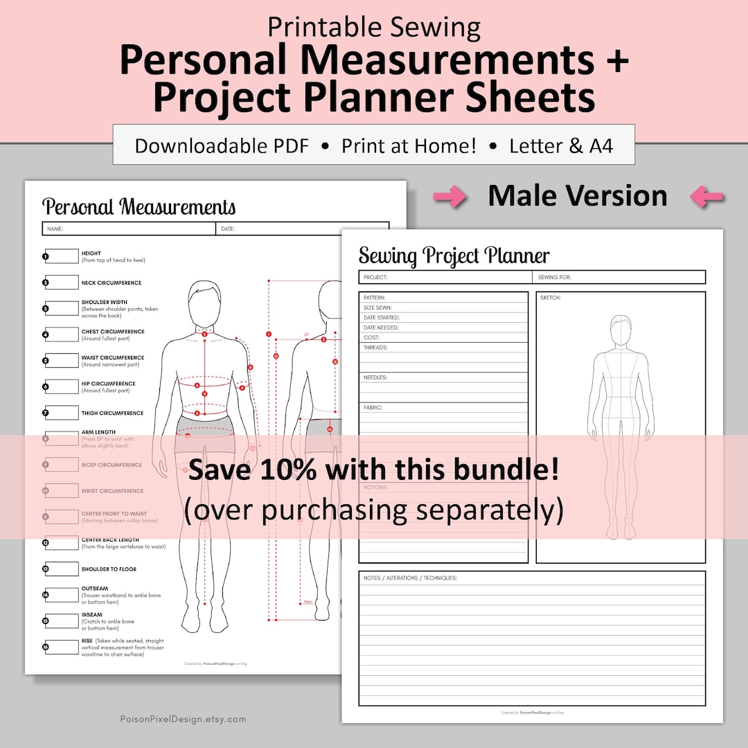 Printable Sewing Personal Measurements + Project Planner Sheet BUNDLE ...