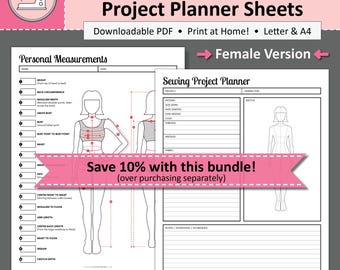 Printable Sewing Planner Bundle: FEMALE Measurement Chart & Project Planner Sheets (Digital PDF Download)