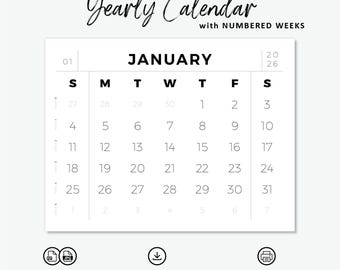 2026 Printable Letter-Sized Yearly Calendar with Numbered Weeks | Digital PDF + JPG Formats | Download, Print at Home