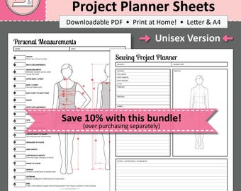 Printable Sewing Planner Bundle: UNISEX Measurement Chart & Project Planner Sheets (Digital PDF Download)
