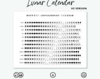 2027 Printable Lunar Calendar | Moon Phase Calendar | Landscape Letter-Size PDF | Instant Digital Download