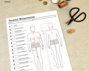 印刷可能な裁縫シート：男性用採寸シート（デジタルPDFダウンロード
