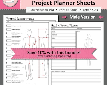 Printable Sewing Planner Bundle: MALE Measurement & Project Planner Sheets (Digital PDF Download)