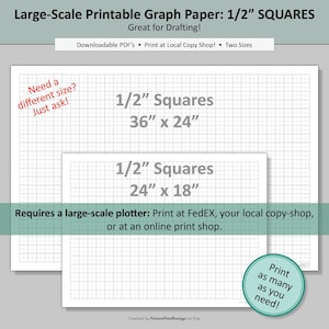 Large Scale Printable SQUARE Graph Paper | 1/2&quot; Square Grid | 2 Paper Sizes: 24x36 and 24x18 | Oversized Square Grid Paper, Half Inch Graph
