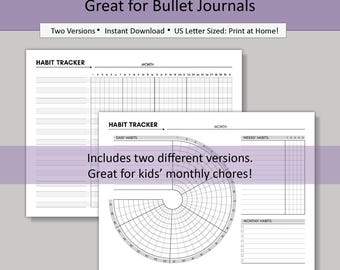 May include: Two printable habit tracker journal pages. The first page has a grid for tracking daily habits. The second page has a circular grid for tracking monthly habits, a grid for tracking weekly habits, and a list for tracking monthly habits.