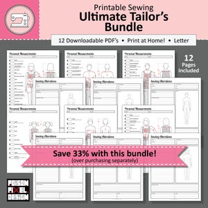 以下が含まれることがあります： 「Ultimate Tailor's Bundle」と書かれた、印刷可能なソーイングバンドル。パーソナルメジャーとソーイングの変更のための12個のダウンロード可能なPDFが含まれています。画像には、「Save 33% with this bundle!」と書かれたピンク色のバナーがあります。