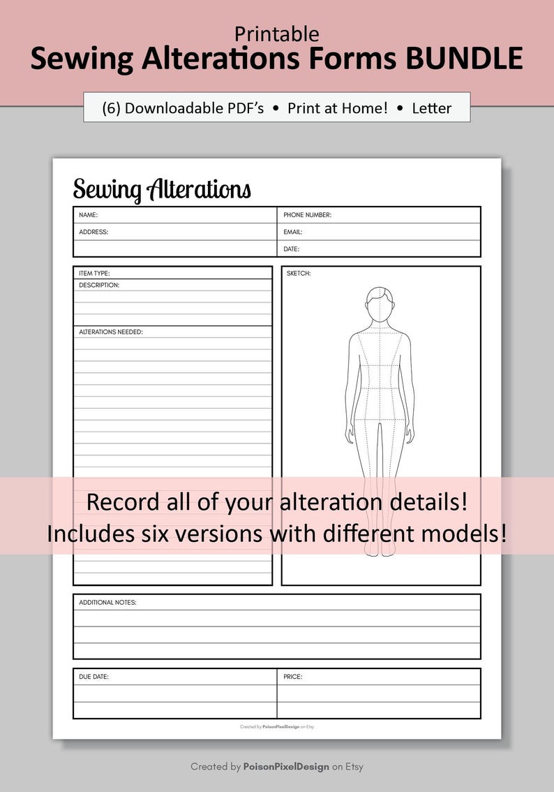 Printable Sewing Alterations Forms BUNDLE, Six Versions Included ...