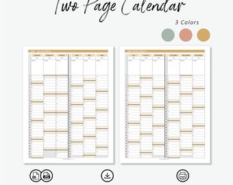 2026 Printable Letter-Sized 2-Page Yearly Calendar in 3 Colors | Digital PDF + JPG Formats | Download, Print at Home