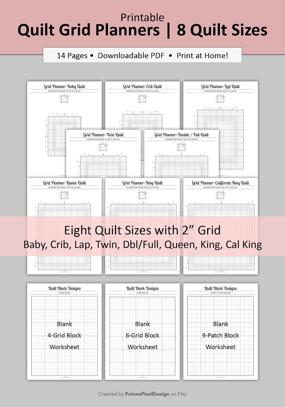 Printable Quilt Grid Planner for 8 Quilt Sizes | Quilt Graph Paper ...