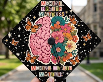 Personalized Psychology Graduation Cap Topper, Mental Health Matters Retro Blooms Gift For Graduate, GRAD-CAP09
