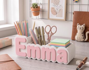 Porte-crayons personnalisé avec le nom de l'enfant, organiseur de bureau imprimé en 3D, cadeau de rentrée scolaire, KIDPH3D01