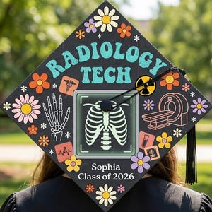 Personalized Radiology Tech Graduation Cap Topper, Retro Flowers Class of 2026 Decor, GRAD-CAP01