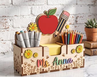 Organiseur de bureau personnalisé pour enseignants, porte-stylo en bois en forme de pomme avec nom personnalisé, cadeau pour enseignants, TCPH01