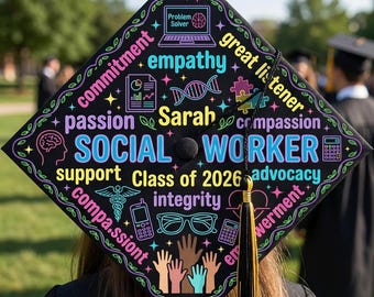 Haut de forme personnalisé pour casquette de diplôme en travail social, cadeau de diplôme prénom personnalisé pour la promotion 2026, GRAD-CAP05