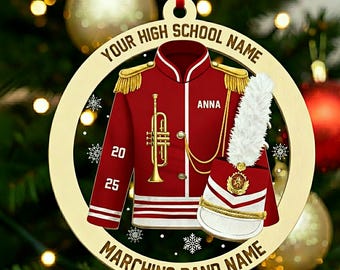 Ornement personnalisé de trompette de fanfare, cadeau d'instrument de musicien uniforme personnalisé, souvenir de fanfare de lycée