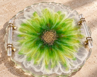 Floral Epoxy Resin Serving Tray with Gold Handles, Christmas Home Decor and Jewelry Tray