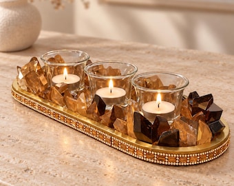 Handmade Amber Crystal Votive Tray, Gold Rhinestone Centerpiece (3 Glass Holders)