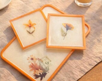 Handmade Resin Coaster Set with Tray, Floral Orange Coasters, Botanical Home Decor Gift