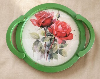 Handmade Red Rose Decoupage Wooden Tray, Sage Green Epoxy Resin Serving Dish (Farmhouse Style)