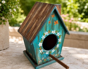 Hand Painted Wooden Birdhouse, Patina Blue Floral Cottage Garden Decor