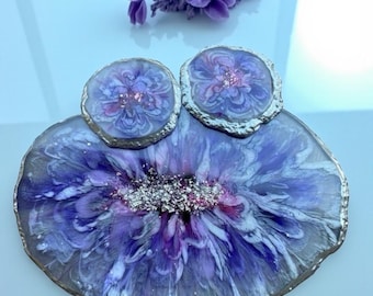 Luxury Purple Resin Tray & Coaster Set, Silver Edge Bloom Flower Vanity Decor