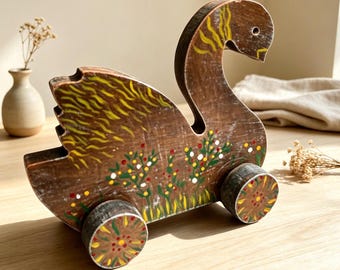 Hand Painted Wooden Swan Decor, Rolling Wheel Nursery Accent, Child Room Shelf Ornament