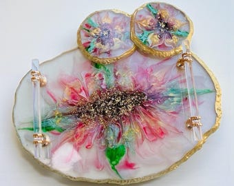 3D Floral Resin Serving Tray Set with Coasters, Gold Edge Vanity Tray