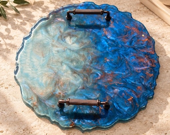 Handmade Patina Blue Epoxy Resin Tray, Metallic Handles, Vanity Organizer