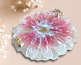 Handmade Resin Flower Tray, Pink Bloom Serving Tray, Gold Leaf Decor, Personalized Gift