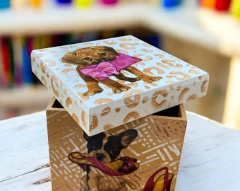 Hand Painted Wooden Puppy Keepsake Box, Dog Mom Jewelry Storage, Pet Lover Memory Chest