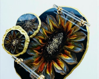 3D Sunflower Resin Tray Set, Black Gold Floral Serving Tray, Coasters, Home Decor