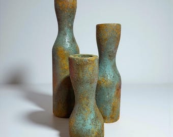 Handmade Wooden Stone Effect Vase Set, Rustic Minimalist Decor, Mini 3 Piece Set