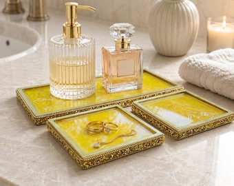 Handmade Gold Marble Epoxy Resin Tray Set, Jewelry Organizer, Beaded Frame Vanity Tray