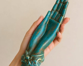 Hand-Painted Buddha Hand Ring Dish, Turquoise Patina Jewelry Tray, Boho Vanity Decor